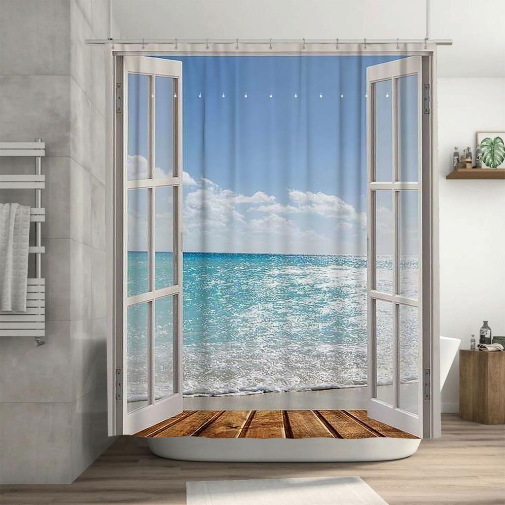 Window to the Sea Waterproof Shower Curtain Heat Resistant Machine Washable Non-Transparent 180x180cm