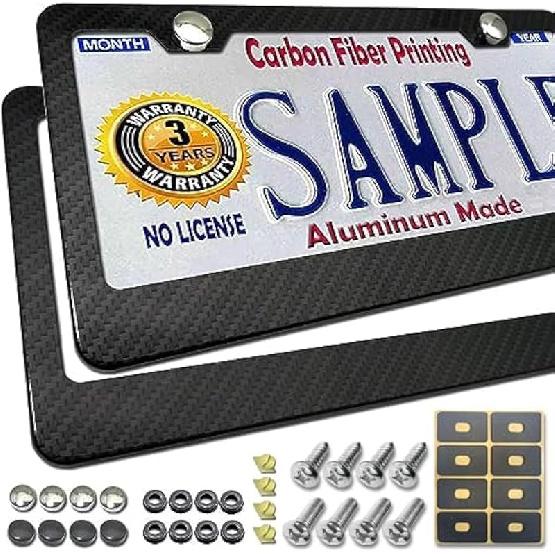 BGGTMO Carbon Fiber License Plate Frames- 2 Pack Black Aluminum Printed Carbon Patterns Car Tag Cover For Front & Rear, 4 Hole Heavy Duty Universal