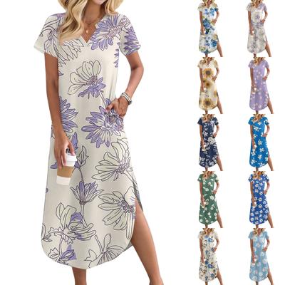 Damskie codzienne wygodne sukienki z dekoltem w serek, luźnym dołem z rozcięciem, z krótkim rękawem, w kwiaty