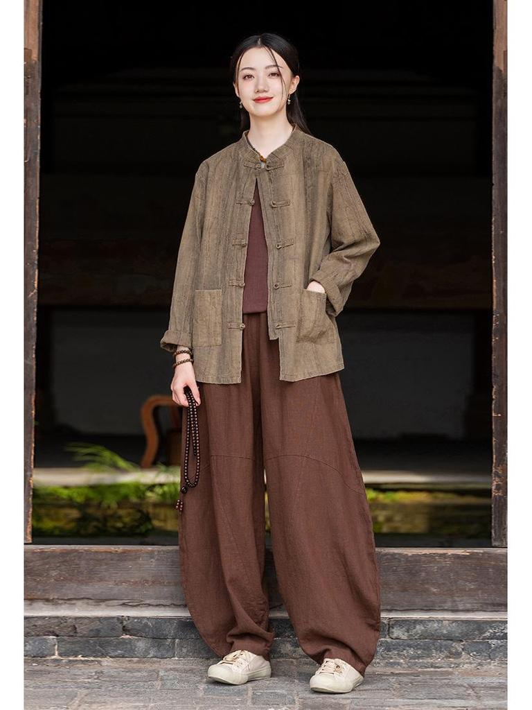 Women's Retro Ramie Sand-Washed Distressed Loose Lantern Pants for Meditation and Tai Chi