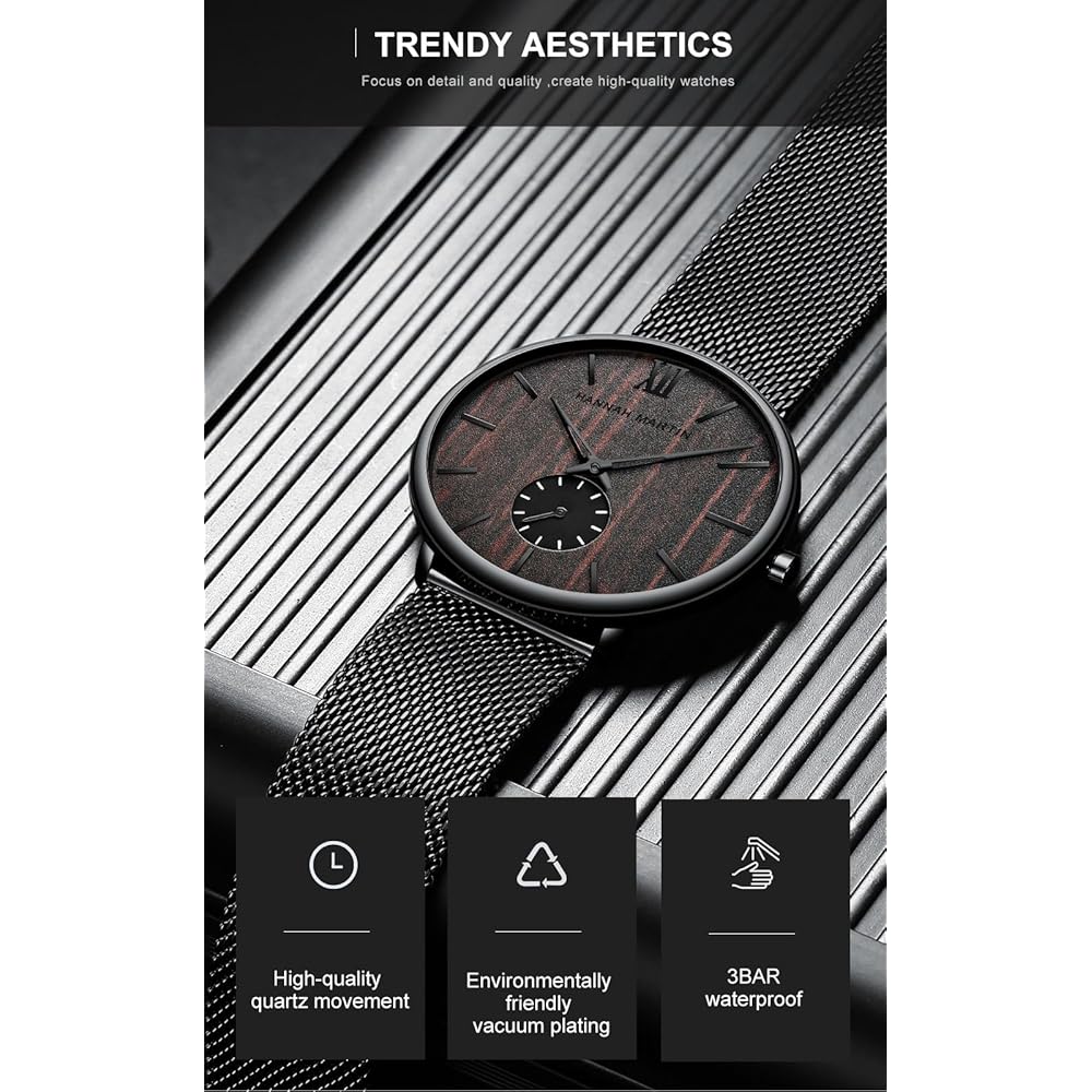 Hannah Martin Men's Ultra-Thin Black Watch Waterproof Fashion Stainless Steel Band Walnut Wood