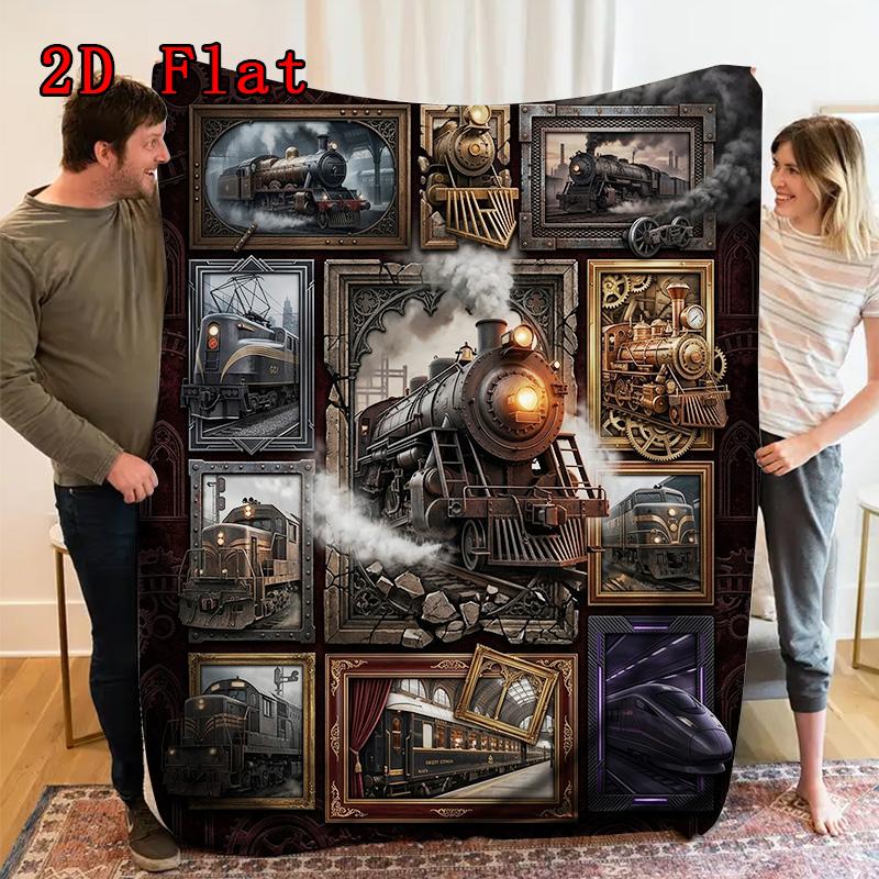 Steam Train Art Rug 2D Flat Pattern Flannel Blanket, High quality All Seasons, Home Decor, Warmth and Comfort, Perfect for Christmas Gifts.