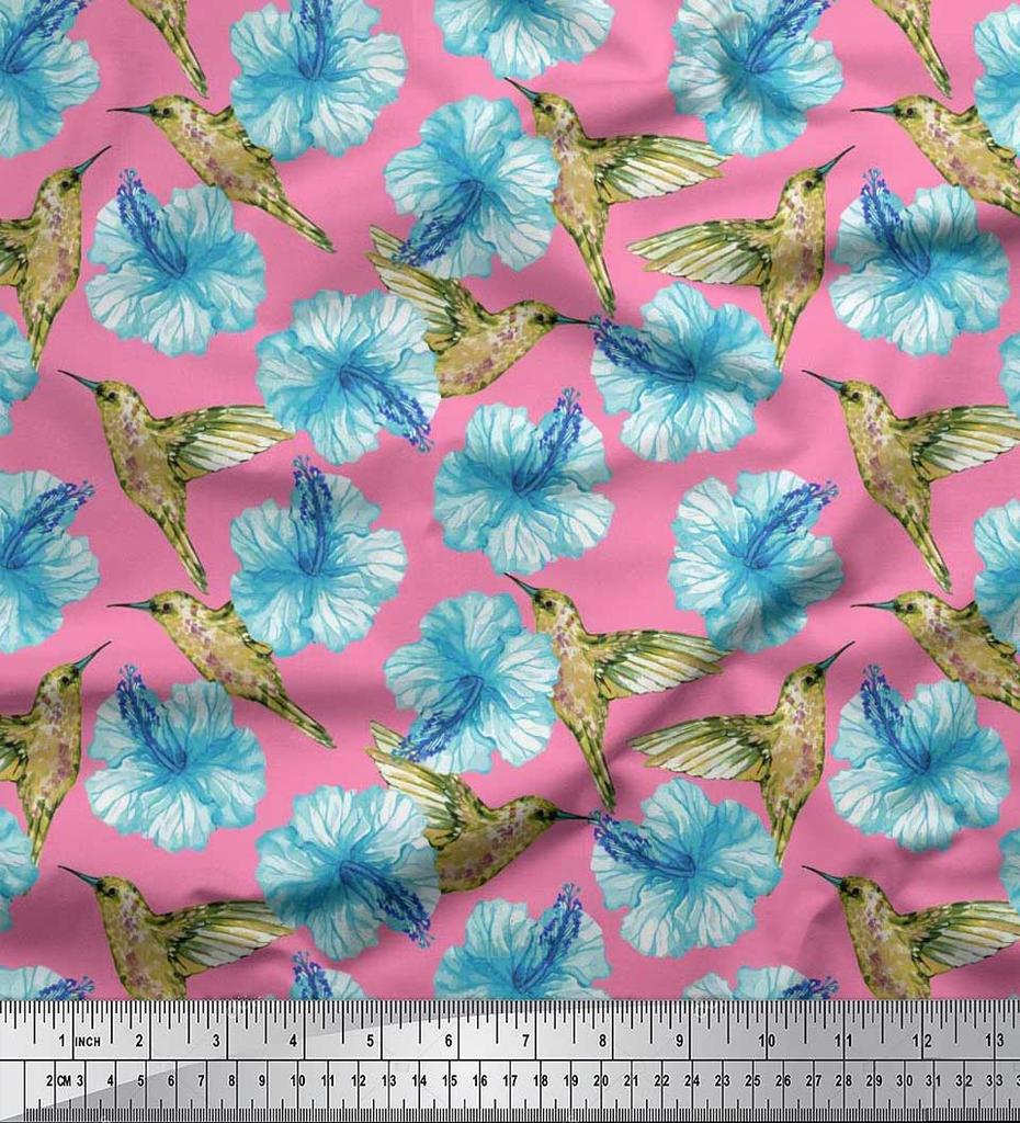 Soimoi Černá poly krepová látka s potiskem kolibříků a květin, látka na metr, 42 palců