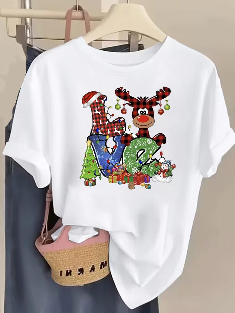 (Asian Size) watercolor tree style Tee Top Christmas Festival New Year Clothing T Shirt Women Fashion Print Female Woman Short Sleeve Graphic T-shirts