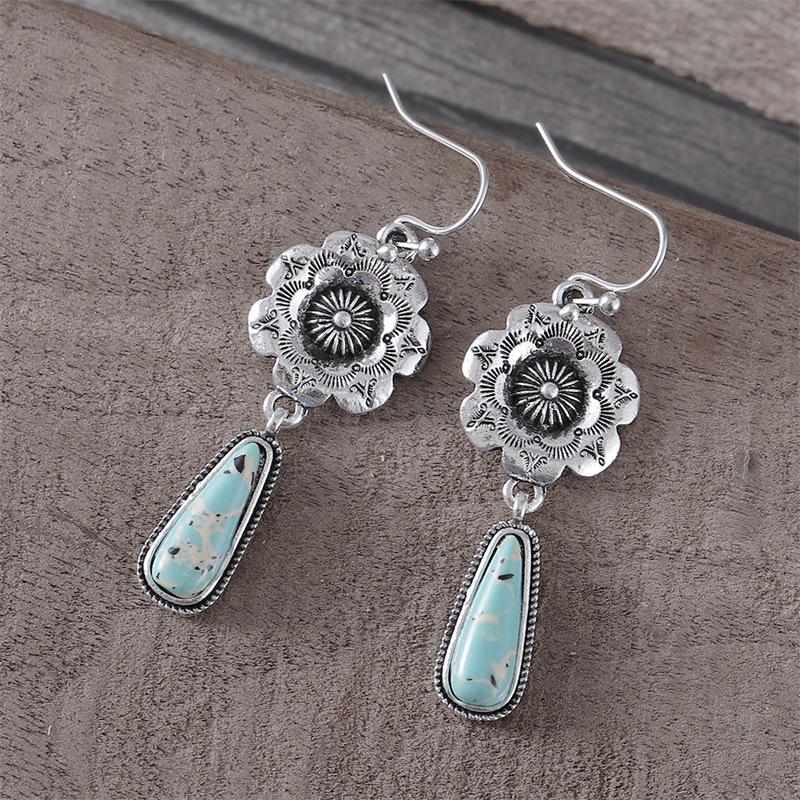 Bohemian Retro Alloy Pendant Earrings with Inlaid Turquoise and Artistic Carvings