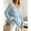 Womens Knit Sweater Fall Lazy Sheer Thin V-Neck Flared Sleeve Pullover Top