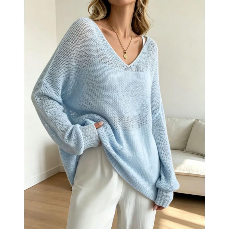 Womens Knit Sweater Fall Lazy Sheer Thin V-Neck Flared Sleeve Pullover Top