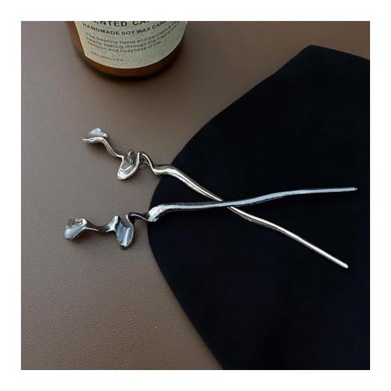 2-Piece Hair Stick Set, Simple Hairpin for Hair Styling, Vintage Style Hair Accessory for Yukata, Kimono, Graduation - Gunmetal + Silver Metallic &