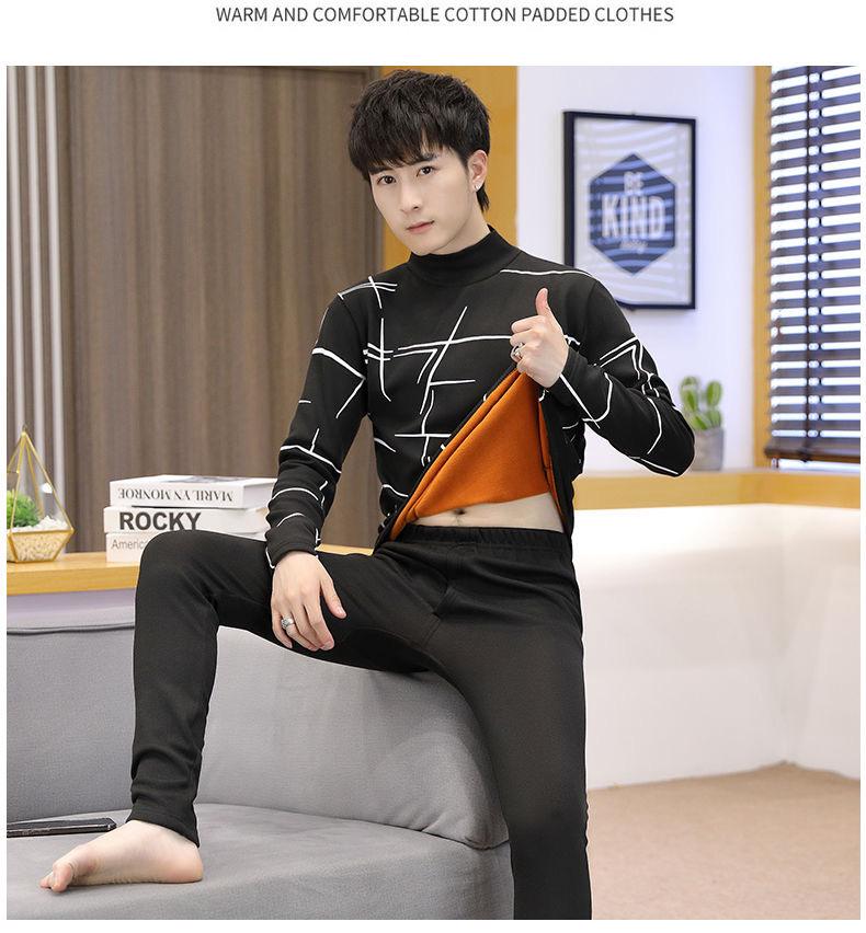 Men's Trendy Thermal Underwear Set: Teen Plus Velvet, Thickened Warm Bottoming Shirt & Pants for Autumn/Winter