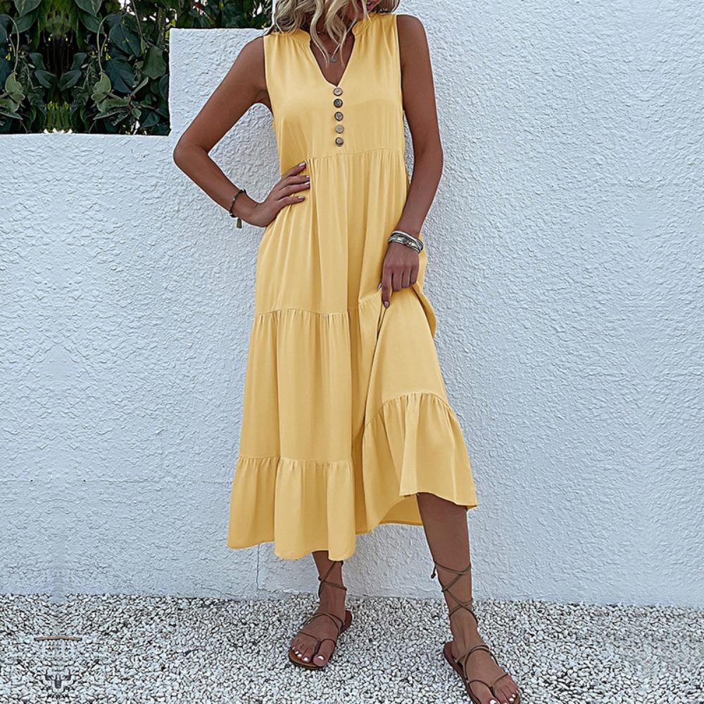 Women Solid Printed Sleeveless V Neck Casual Dress Spring Summer Fashion Daily Wear