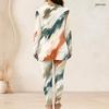 Women Plus Size Half Zip Long Sleeve Printed Longline Top And Fitted Pants Two Piece Set