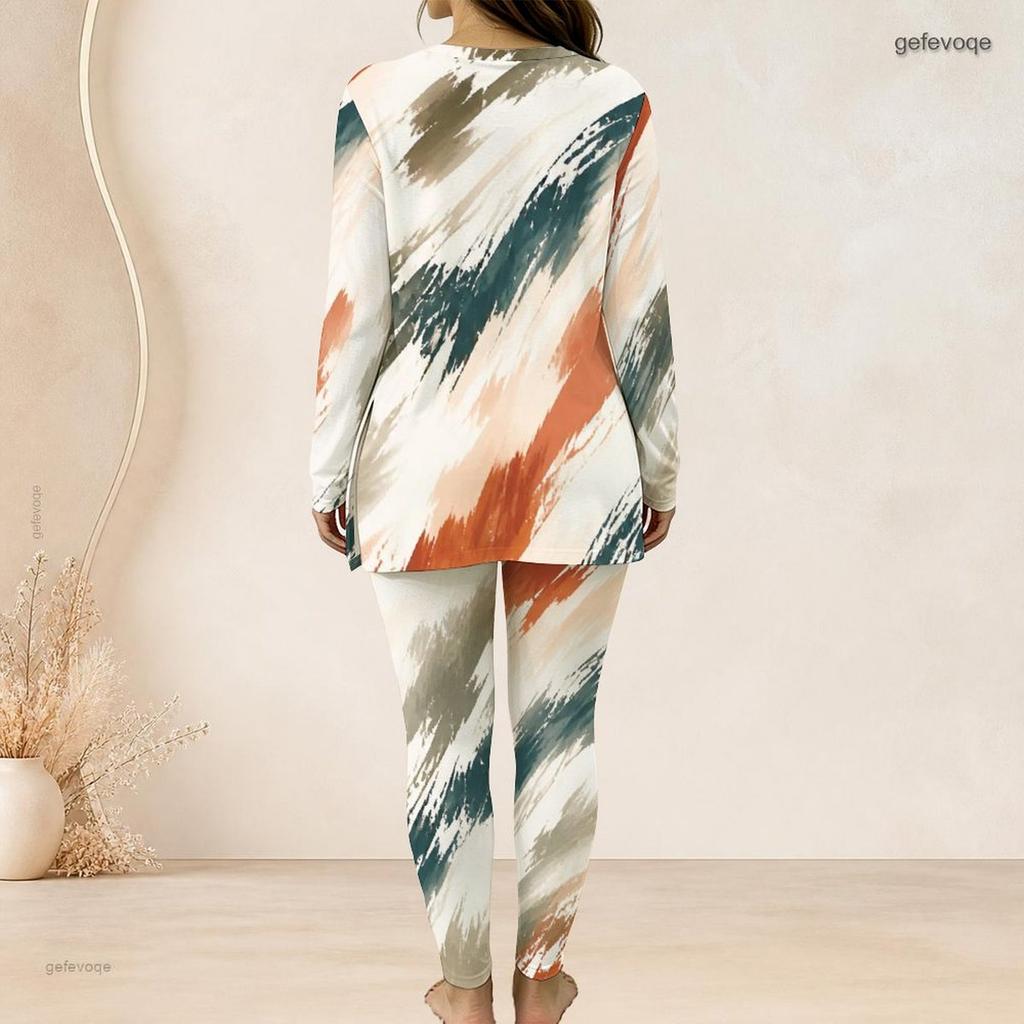 Women Plus Size Half Zip Long Sleeve Printed Longline Top And Fitted Pants Two Piece Set