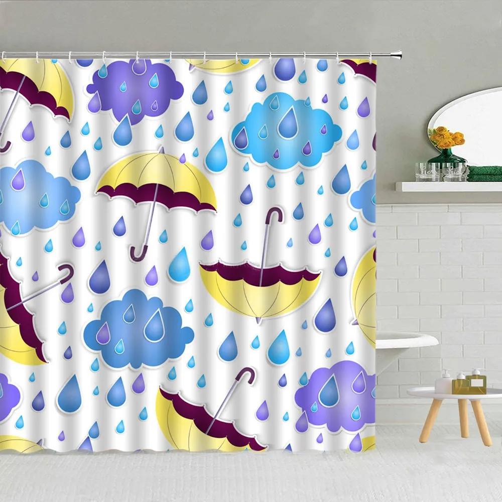 

Cartoon Style Umbrella Printed Shower Curtain Colorful Rain Drops Boy Girl Bathroom Decor Waterproof Fabric Screen With Hooks W60H190(CM)-1 Pcs