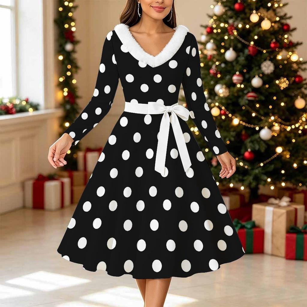 Women Floral Print Midi Dress, Long Sleeve V‑Neck Furry Trim A‑Line Party Dress, Christmas Limited Edition