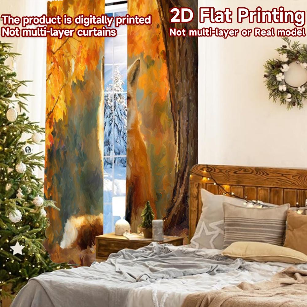 2pcs   2D FLAT PRINTING Curtains (Without Rod) Autumn Fox Scene Chic Print Curtains Festival Durable Polyester Curtains Thermal
