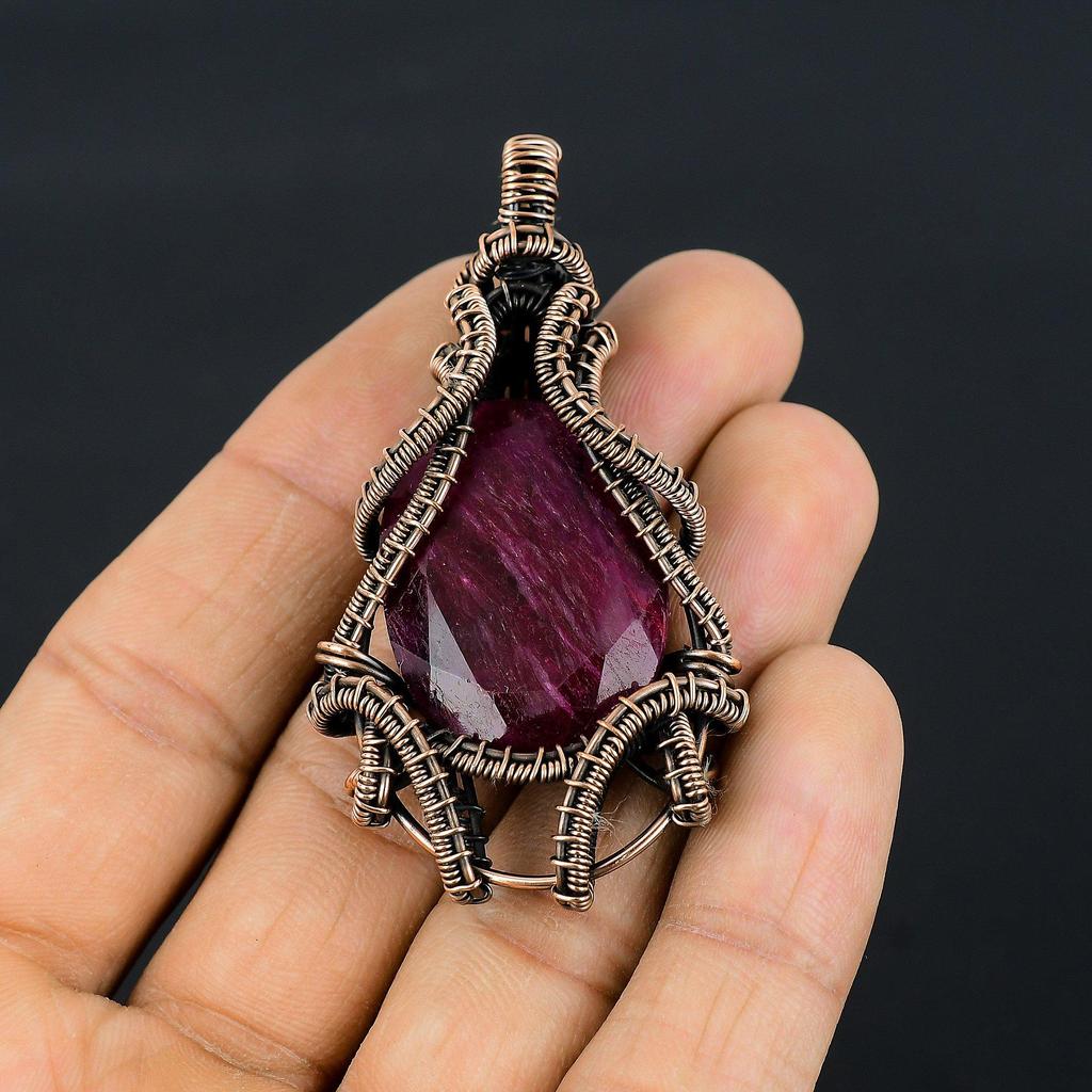 Ruby Pendant Gemstone Jewelry, 999 Copper Wire Wrapped Handmade Pendant, Latest Design Jewelry