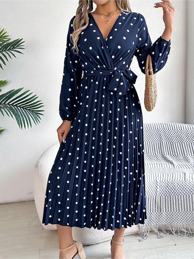 Robe imprimée à col en V et à superpositions, moulante, élégante, plissée, à pois ondulés, manches longues, ample, décontractée