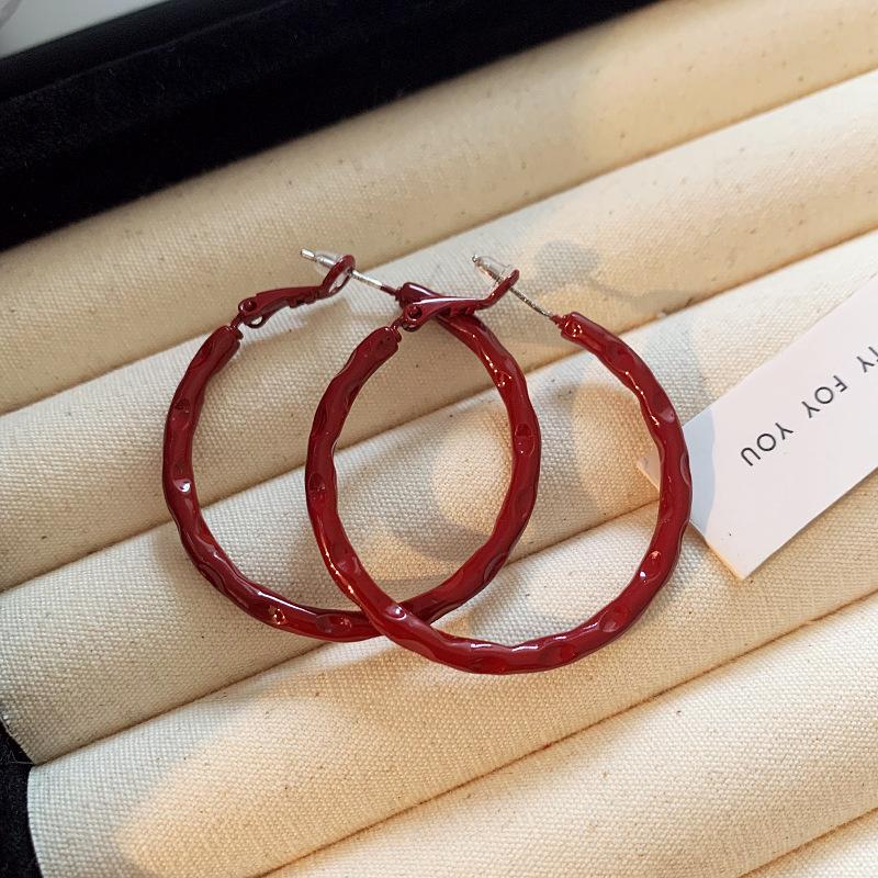 Ankola red round plain ring earrings retro Hong Kong style high-end earrings light luxury temperament versatile earrings
