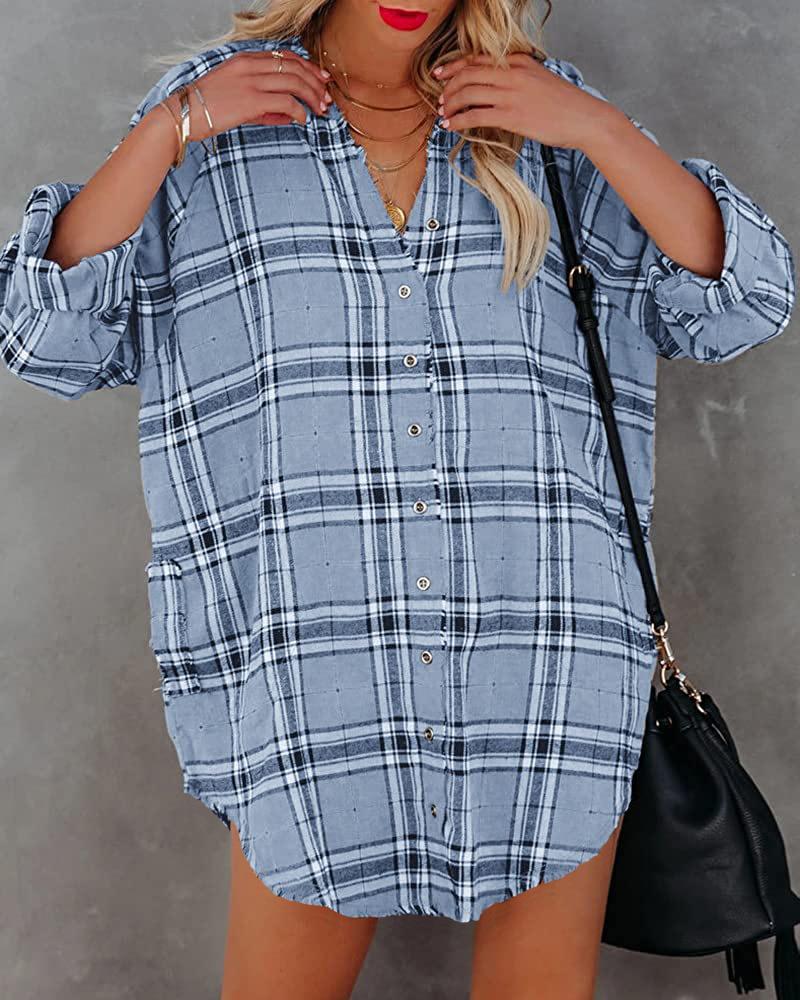 

Женская повседневная рубашка с длинным рукавом, длинные блузки с принтом в клетку, свободный топ 3XL небесно-голубой