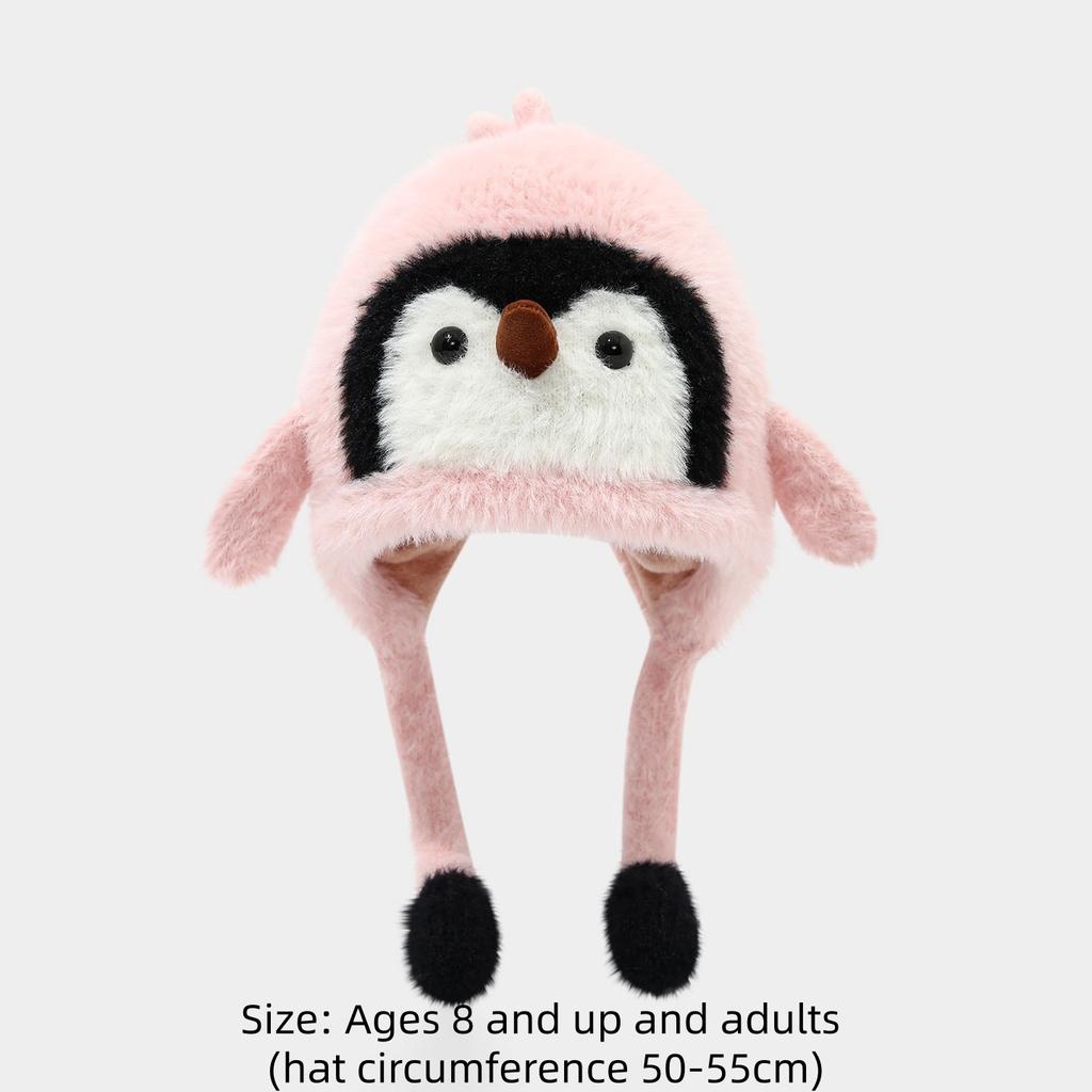 Cartoon Sweet Cute Penguin Ear Flap Hat Winter Outdoor Warm Thickened Plush Windproof Soft Pullover Hat Children's Gift