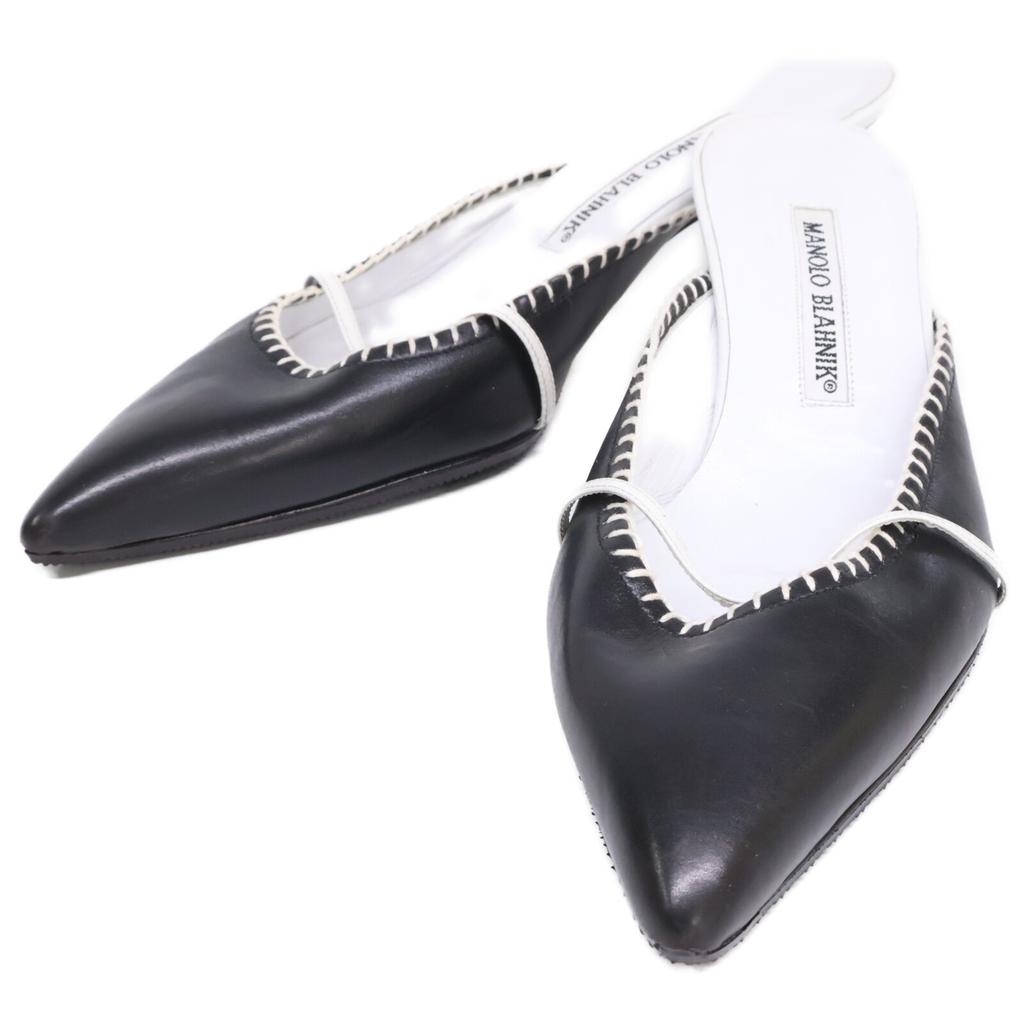 Manolo Blahnik Pointed Toe Mules Shoes 37 1/2 Black WhiteUsed