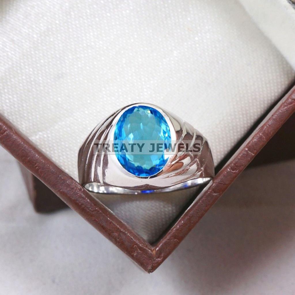Blue Topaz Oval Cut Gemstone With 925 Sterling Silver Ring For Men's #A896 JL375669058336