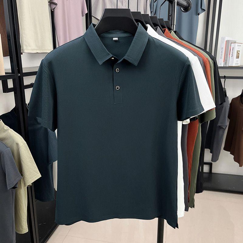 Men's Ribbed Polo Shirt Short Sleeve Solid Color Casual Collared Top for Daily