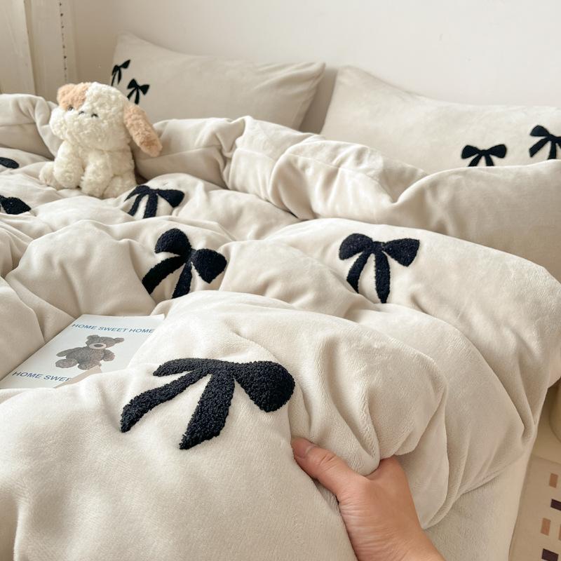 Bow High Gram Weight Thickened Milk Fleece Towel Embroidery Four-Piece Set Bed Sheet Quilt Cover Bedding Three-Piece Set
