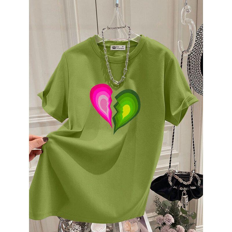 Women Clothing Fashion Hand-Painted Love Print T-shirts Summer Loose O-neck Short Sleeve Tee Office Lady Pure Cotton Basic Tops