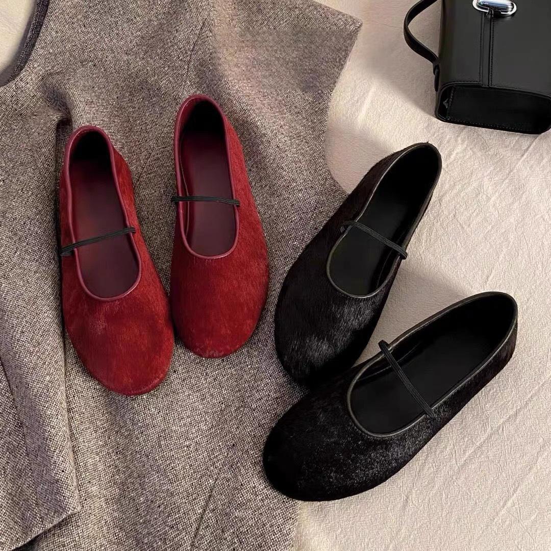 

Row style senior horsehair light mouth red flat-soled single shoes spring new leather versatile Mary Jane women 40 красный