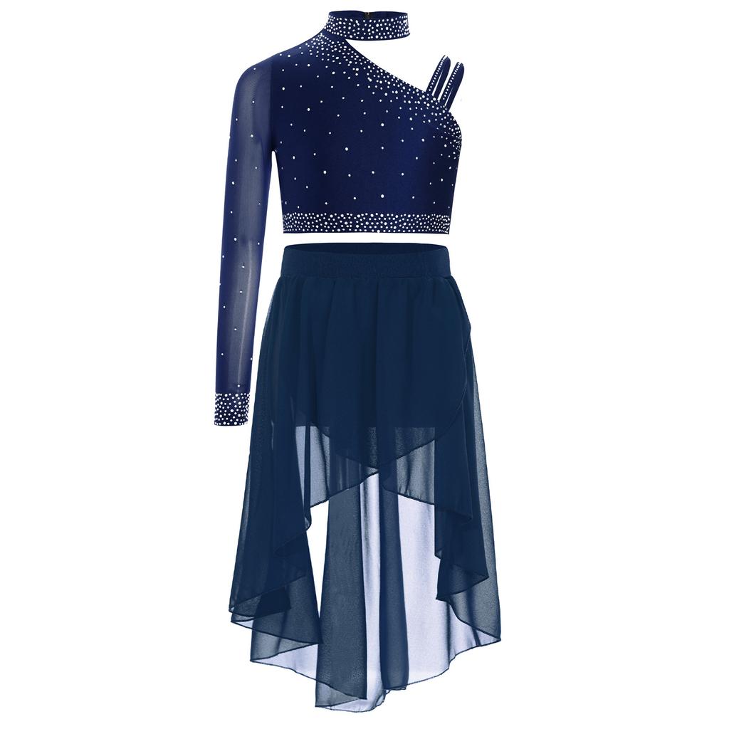 Girls Dance Costume Set Sparkly Rhinestones Crop Top with High-Low Chiffon Skirt