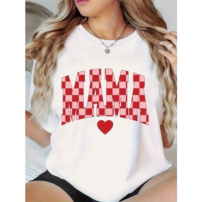 Women Plus Size Mama Graphic T-Shirt White Red Checkered Letters Loose Fit Soft Breathable Mom Mother's Day Gift Spring Summer Casual Machine