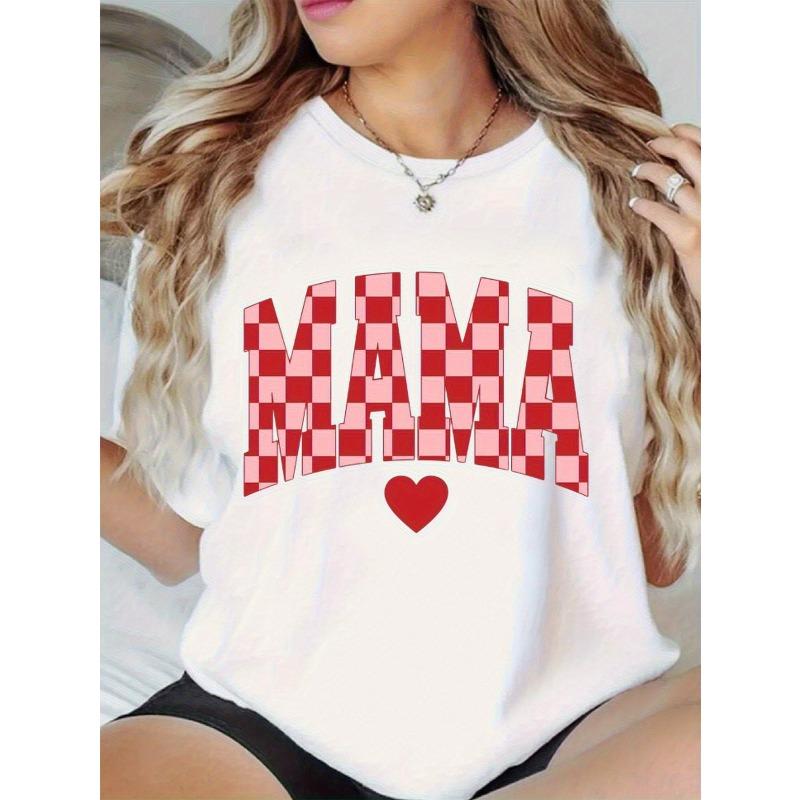 Damska Koszulka z Graficznym Nadrukiem 'Mama' w Dużych Rozmiarach Biała Czerwona Kratka Litery Luźny Krój Miękka Oddychająca Prezent na Dzień Matki Wiosna Lato Codzienna Maszynowa