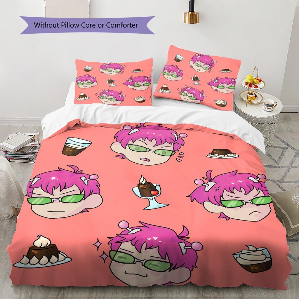 Saiki Kusuo Pattern Bedding Quilt Set Home Decoration Gift (1 * duvet cover + 2 * pillowcase without core)