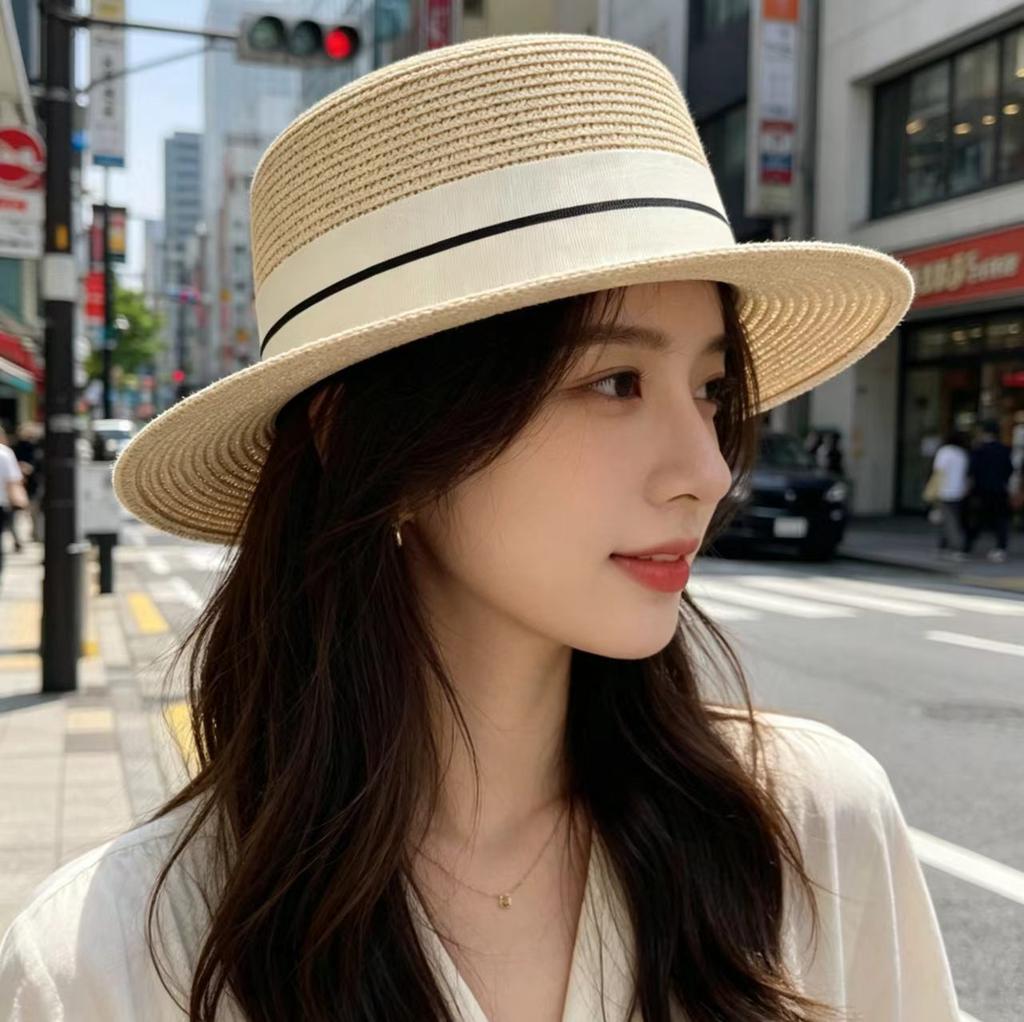 Flat top hat Xia Du Internet celebrity vacation beach hat women flat edge French straw sunshade sunscreen hat white top hat