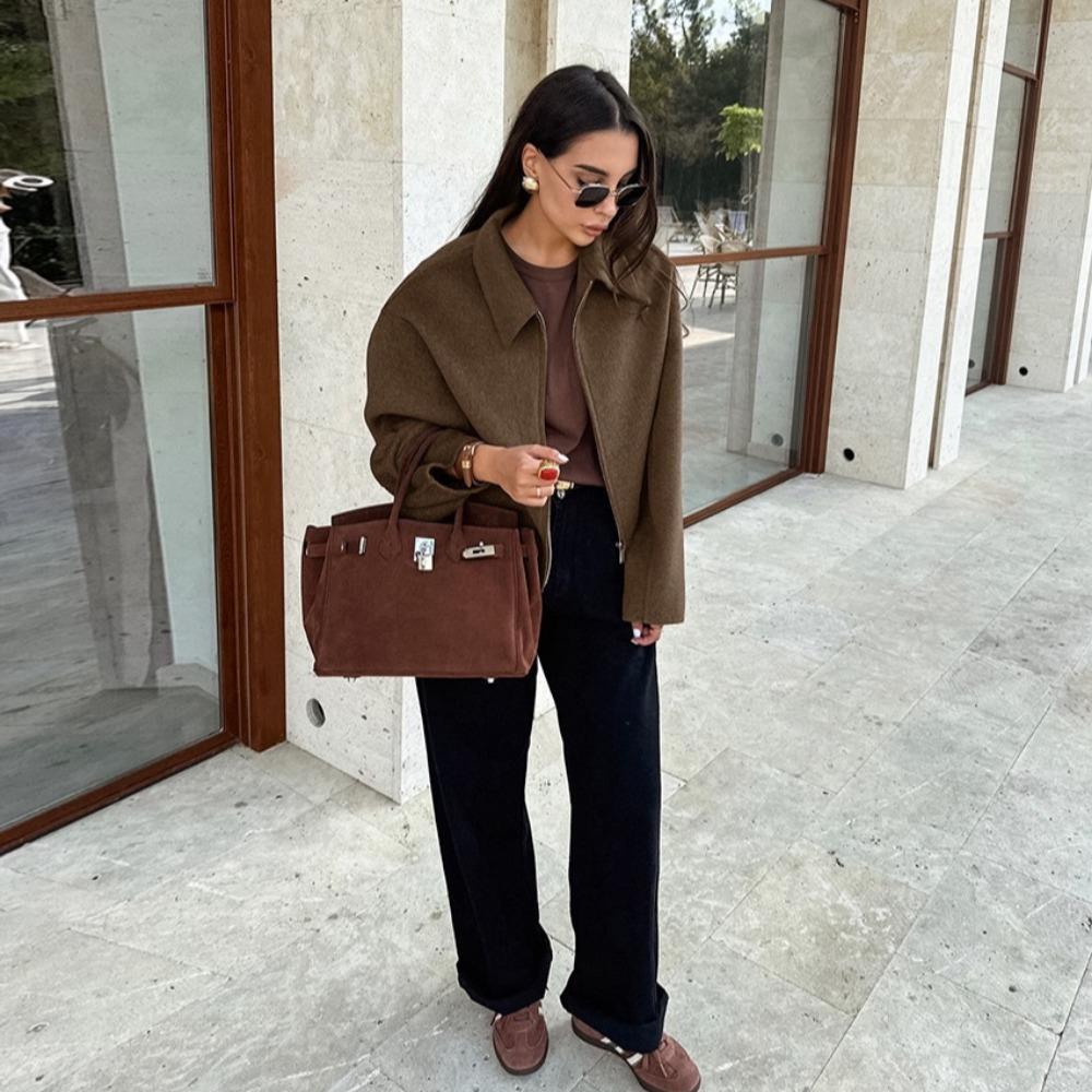 Fashion Brown Zipper Jacket For Women Elegant Lapel Long Sleeve Short Coats Female Vintage Lady Street Outerwear