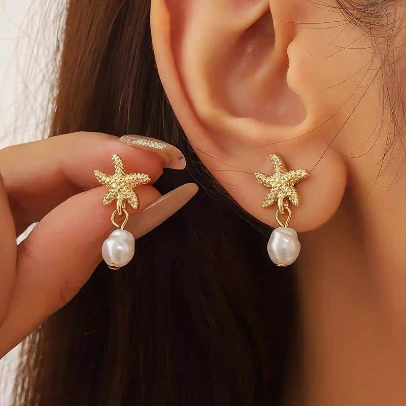 Bohemia Star Fish Earrings Drop Pearl Blue Rhinestones Dangle Earrings For Women Starfish Jewelry Summer Holiday Beach Gifts