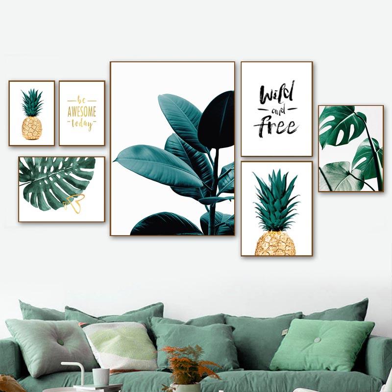 Monstera Green Plant Leaves Canvas Painting Posters Pineapple Parrot Painting Nordic Home Wall Decor Tropical Wall Art Pictures