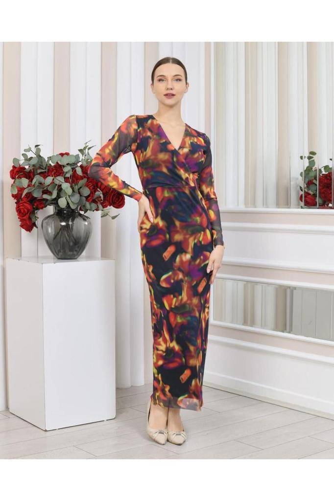 Women's Big Size Dress V-Neck Lycra Printed Tulle Dress