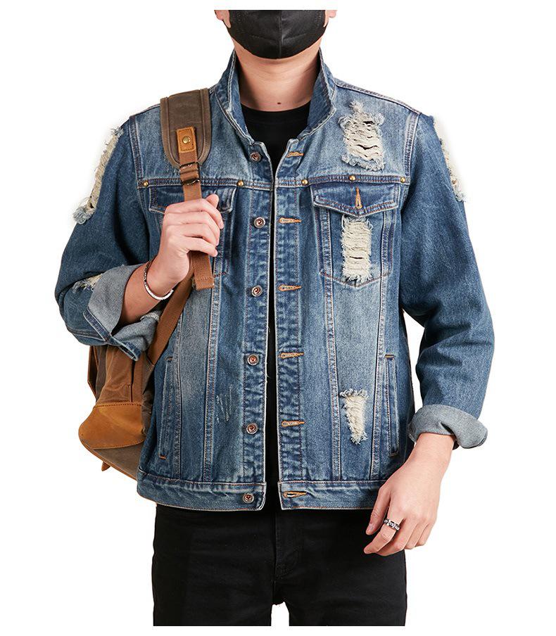 Xintang Ripped Distressed Men's Denim Jacket - Loose Long Sleeve Streetwear Outerwear for Spring
