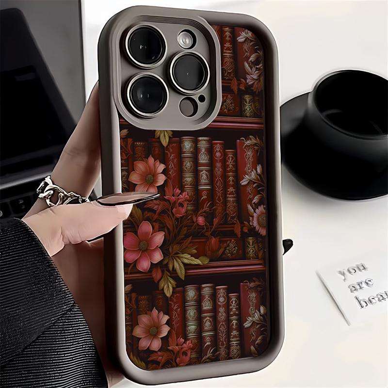 

Flowery Watercolor Bookshelf Silicone Soft TPU Phone Case for iPhone 16 Pro Max 15 Plus 14 13 12 11 16E 17 Air X XR XS Max Cover iPhone 14 Plus