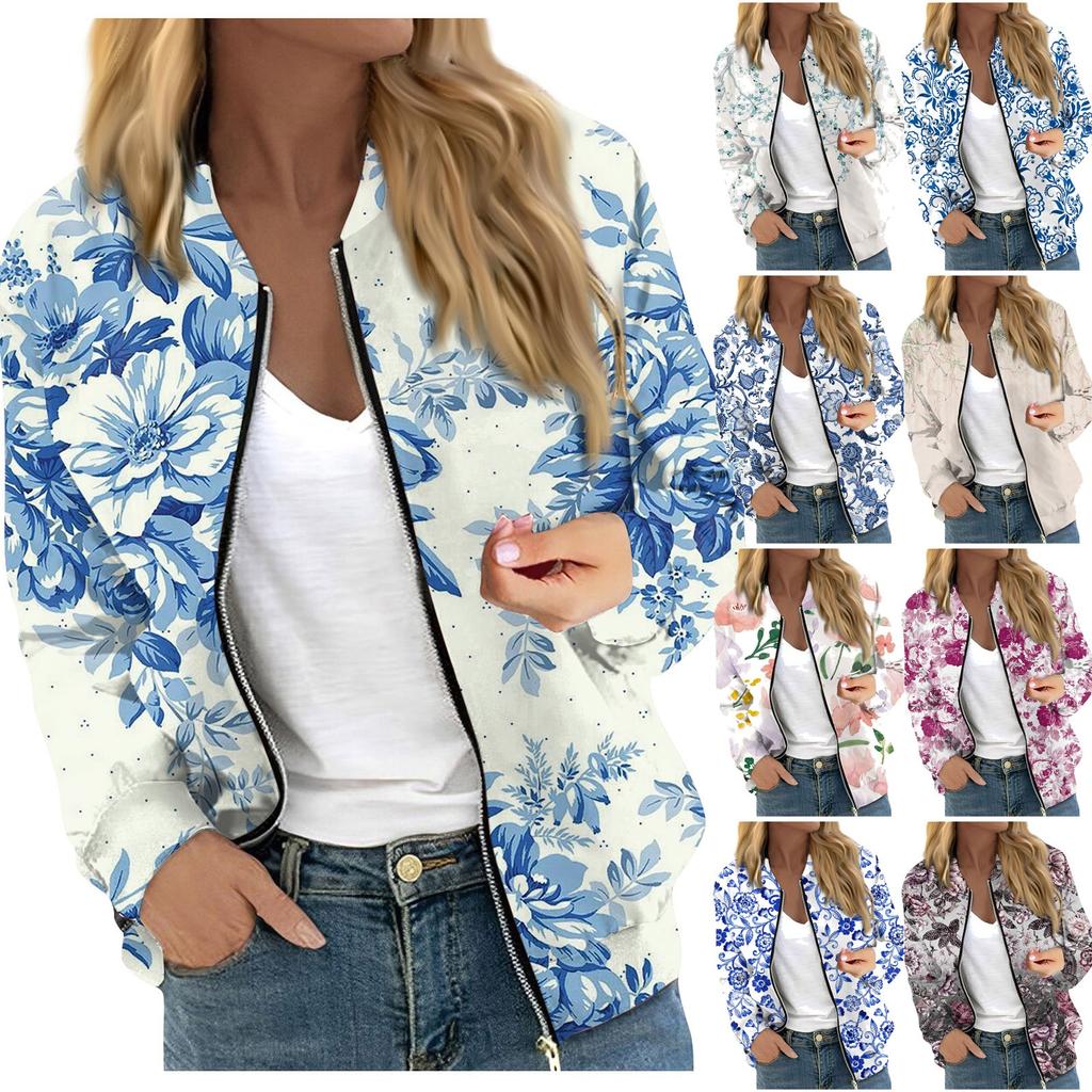 Giacca da donna con cerniera, collo rotondo, stampa floreale/foglia, casual alla moda, a maniche lunghe