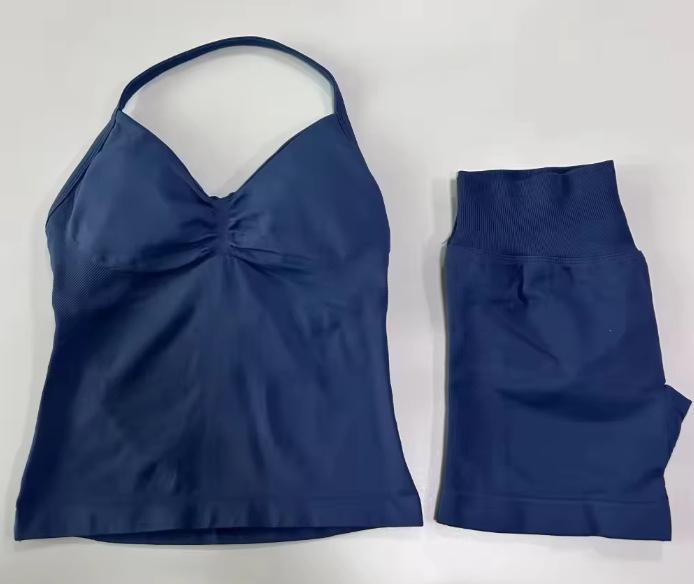 JYL Seamless Backless Two Piece Set Padded Halter Top Fitness Shorts