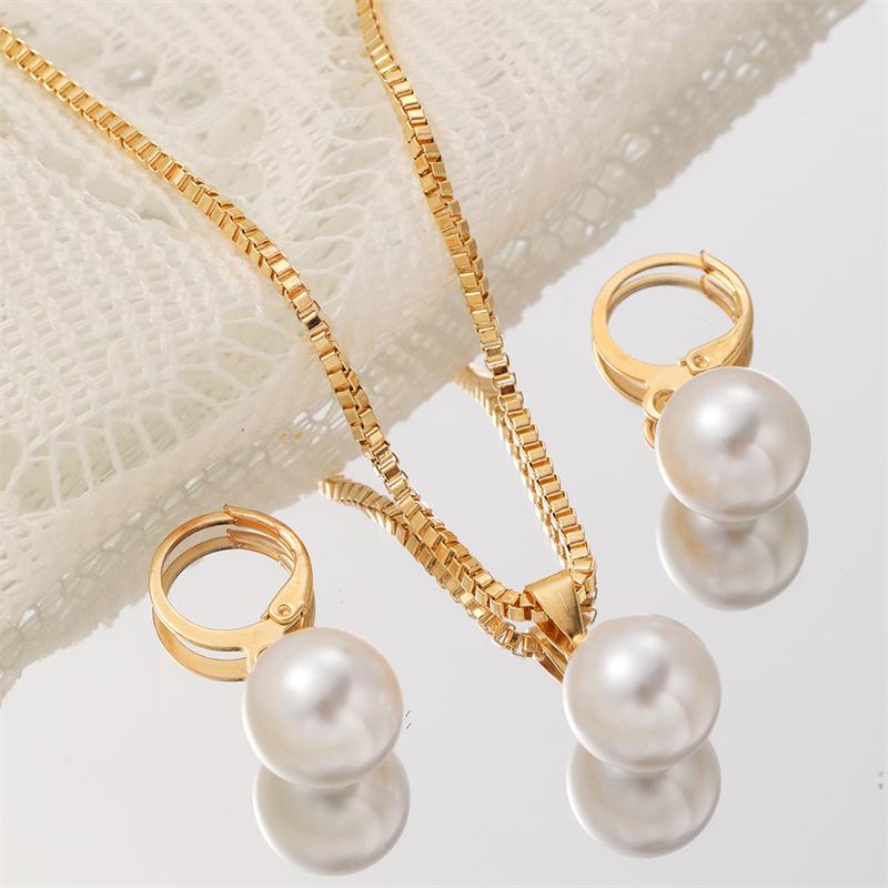 Fashion Elegant Imitation Pearl Pendant Jewelry Set for Women Vintage Gold Color Chain Necklace Earring Girl Wedding Party Gifts