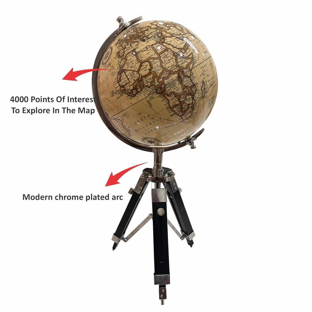 Tripod Antique World Globe 8 Inch with Metal Stand for Home Decor & Office Table, Showpiece, Table Top for Gifting and Learning - Yellow Color