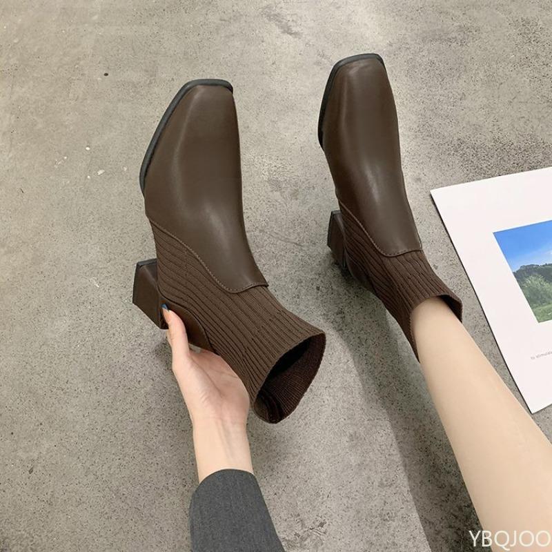 Fashion New Autumn Winter Style Thick Medium Heel Square Toe Short Boots for Women Knitted Simple Comfortable Daily  Women's Shoes