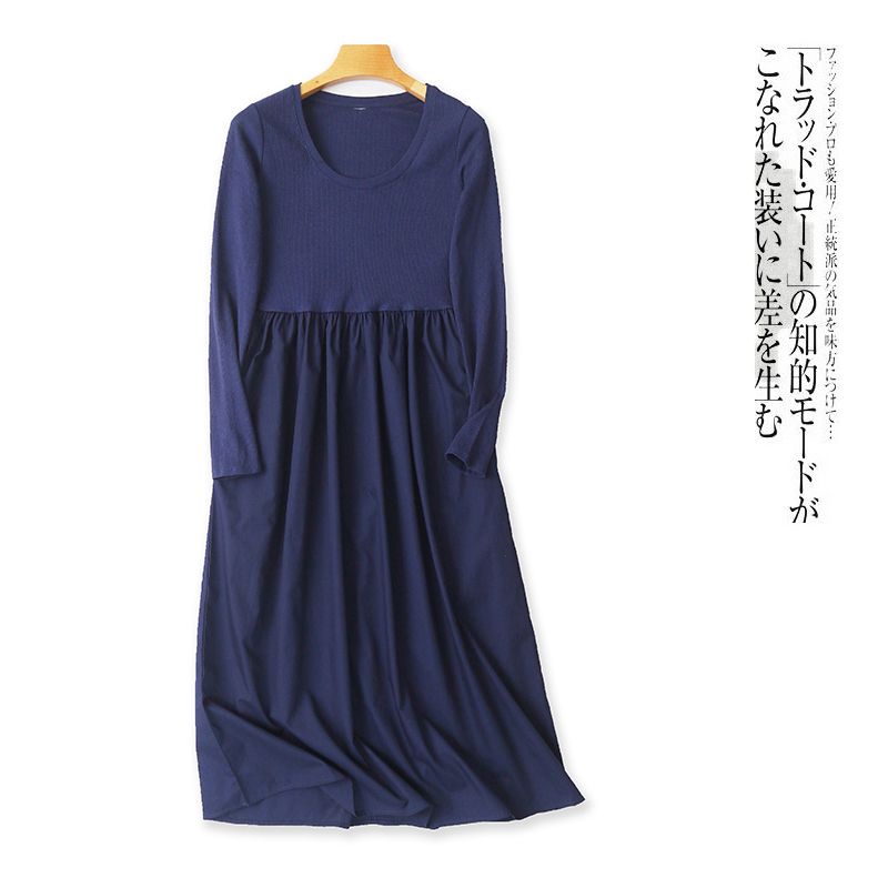 

Knitted Patchwork Dress Spring and Autumn New Foreign Trade Women round Neck Pullover Long sleeve Pleat Patchwork Plus size Long dress 29193 Navy A-9-21-4 8#