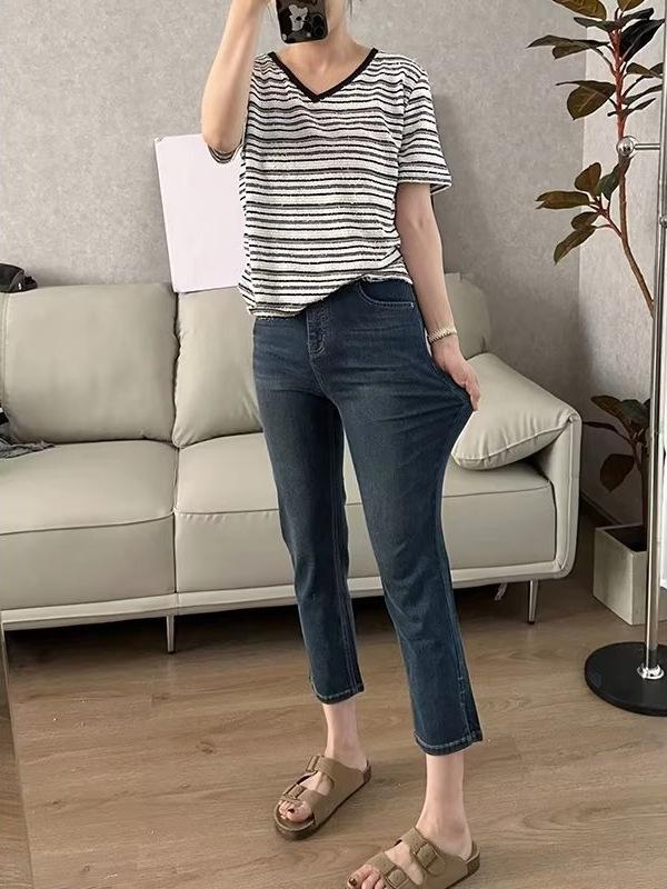 Ice Silk Stretch High-Waist Slimming Jeans for Women - Plus Size, Summer Eight-Point Pants for Petite and Pear-Shaped Bodies