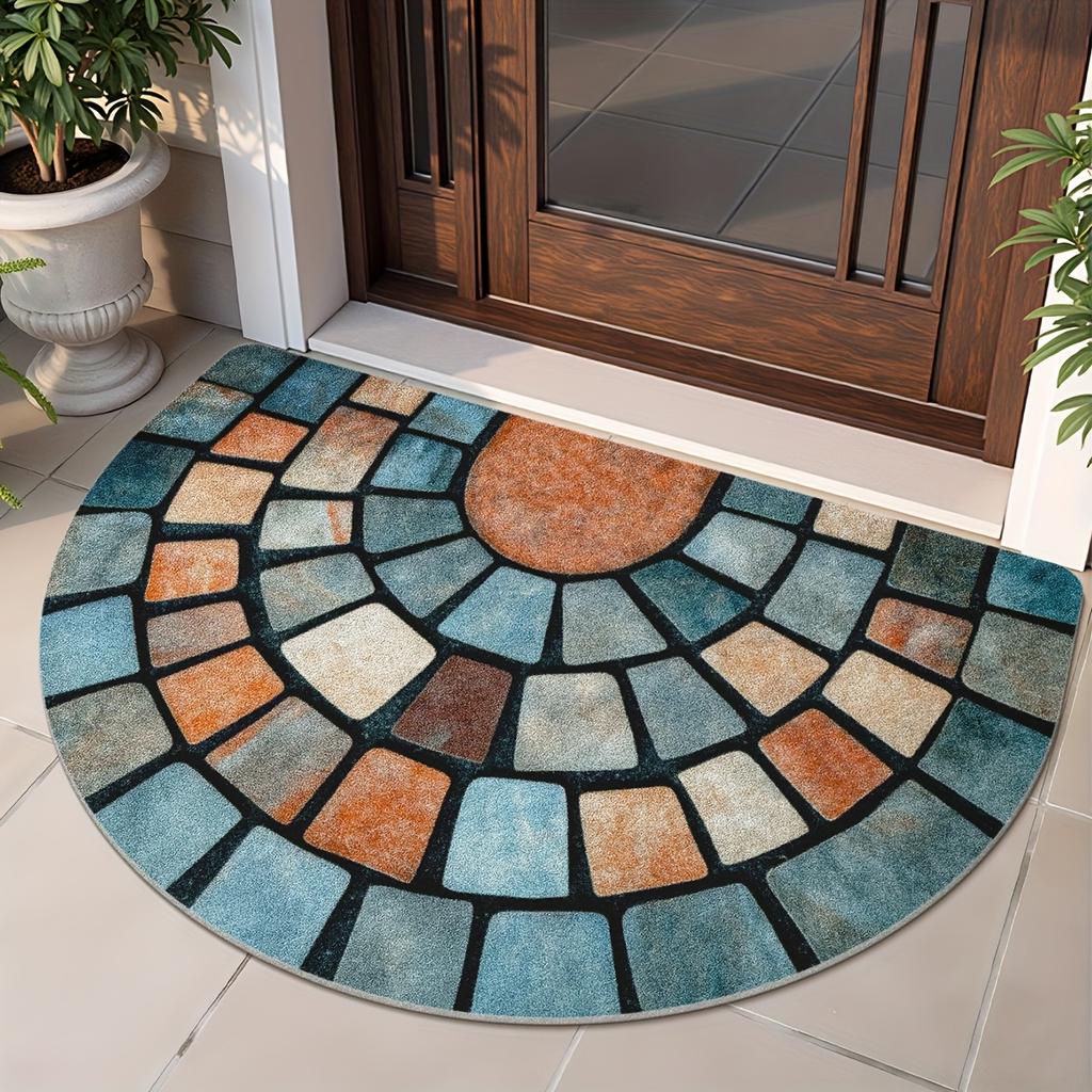 1Pcs Colorful Stone Blocks Half Round Door Mat Non-Slip Washable Floor Mat 2D Flat Semi-Circular Rug for Entryway Hallway Decor