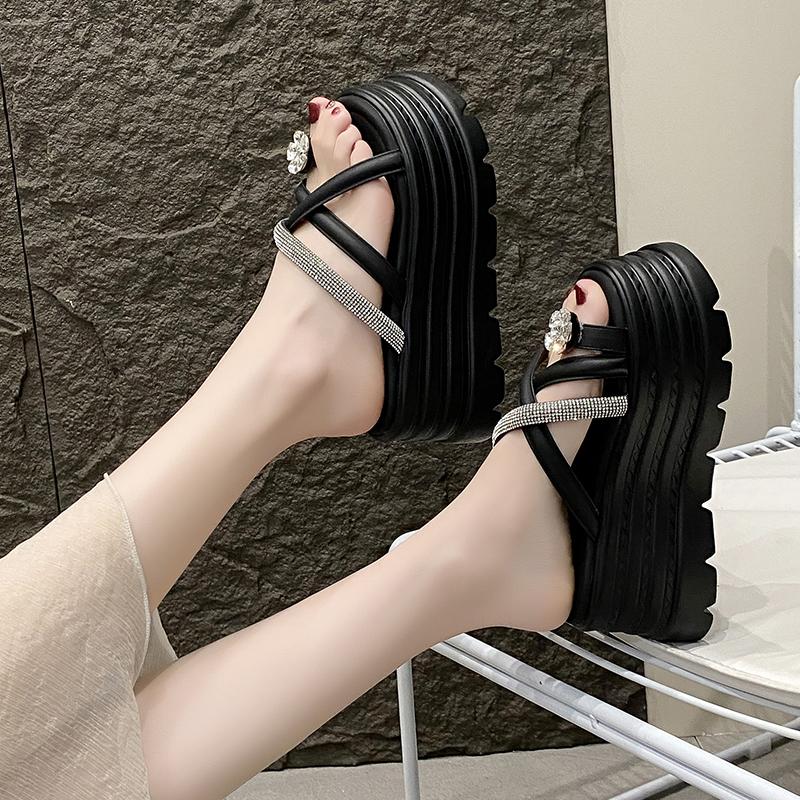 Mode Damen Sommer Bling Klobige Pantoletten Hohe Plateau Flip Flops 8,5CM Keilabsatz Pantoletten Süße Mädchen Sandalen Offene Zehen Strandschuhe